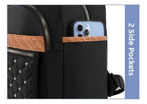 Detail of black oxford backpack showing quilted side pockets with gold rivets and woven trim