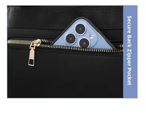 Secure back zipper pocket on nylon backpack showing storage for a smartphone