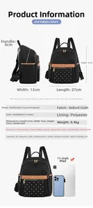 Detailed size specifications and interior structure of black Oxford cloth backpack