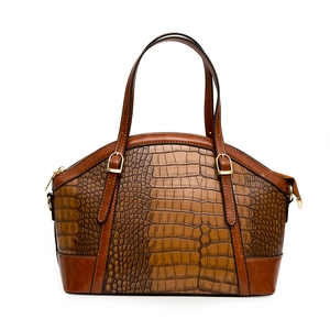 Retro brown crocodile embossed handbag with adjustable handles and gold hardware