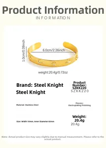 Detail view of 18k gold plated stainless steel star bangle showing 10mm width and 60mm diameter
