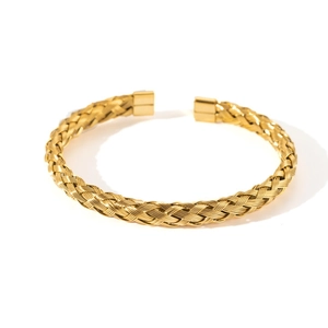 Adjustable woven 18k gold plated stainless steel cable bracelet with square end caps
