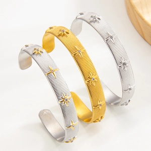 Stainless Steel Cuff Bracelet Gold Plated Brushed Texture Adjustable North Star Zircon Open Bangle Fashion Jewelry Women