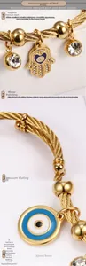 Macro view of 18K gold braided steel bracelet with Hamsa hand and Evil Eye charms