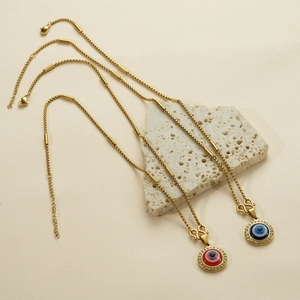 Colliers oeil maléfique en acier inoxydable plaqué or 18 carats avec cristaux bleu et rouge