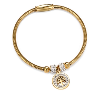 Tree Of Life Pendant Bracelet Stainless Steel Snake Chain Magnetic Clasp Rhinestone Encrusted Fashion Jewelry Women