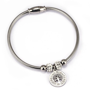 Detail of silver snake chain bracelet with Tree of Life pendant and magnetic clasp