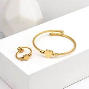 18K gold plated stainless steel heart cable wire jewelry set with ring and bangle