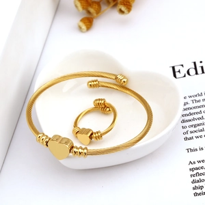 18K gold plated heart charm twisted wire bangle and ring jewelry set for women