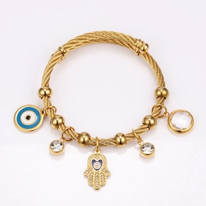 Stainless Steel Twisted Cable Bangle Adjustable Gold Plated Hamsa Hand Evil Eye Charm Religious Jewelry For Women