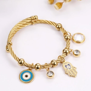 18K gold plated stainless steel Hamsa and Evil Eye charm bracelet with sparkling crystals