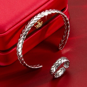 Conjunto De Pulsera Abierta Y Anillo De Acero Inoxidable Con Espiga De Trigo Textura Trenzada Joyería Ajustable Vintage Para Mujer Hombre