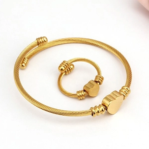 Heart Charm Stainless Steel 18K Gold Plated Cable Wire Open Adjustable Bangle Bracelet And Ring For Women Fashion Jewelry