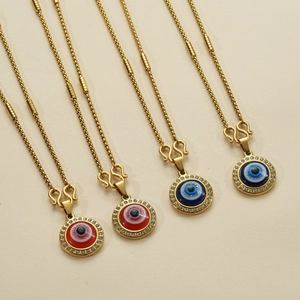 Collier Pendentif Mauvais Œil En Acier Inoxydable Plaqué Or 18K Œil Bleu Turc Disque Rond Bijoux Zircon Pour Femmes