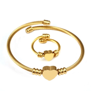 18K gold plated heart cable jewelry set featuring a twisted wire bracelet and matching ring
