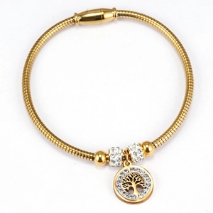 18K gold tree of life stainless steel bangle with magnetic clasp and crystal pave rings