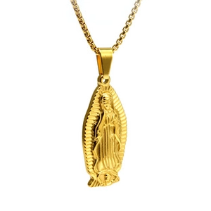 Detailed macro view of 18K gold plated Virgin Mary pendant on a square link chain