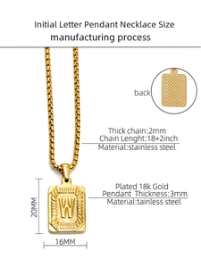 Detail of 18K gold plated stainless steel necklace with relief letter W and dimensions