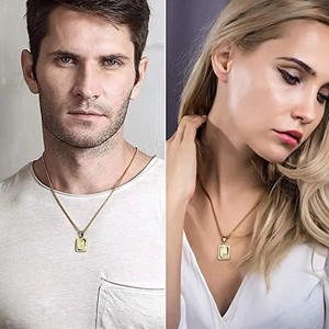 Close-up of unisex 18K gold plated rectangular initial pendant necklace on male and female models
