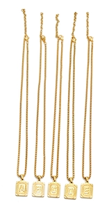 Detailed view of rectangular gold initial pendants A to E on sturdy box chains