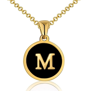 Collar con Colgante de Letra Inicial de Alfabeto de Acero Inoxidable Chapado en Oro de 18K Esmalte Negro Redondo