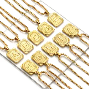 Initial Letter Pendant Necklace Stainless Steel 18K Gold Plated Retro Rectangular Alphabet Square Tag Unisex Jewelry Fashion