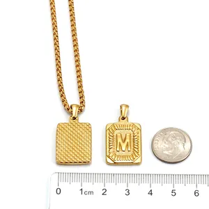 Gold 18K plated stainless steel square pendant with letter M and size reference