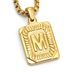 18K gold plated stainless steel rectangle pendant necklace with letter M relief