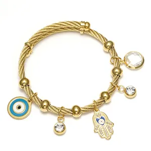 Twisted Cable Bangle Bracelet Stainless Steel Hamsa Hand Evil Eye Charms Adjustable Religious Bohemian Jewelry For Women