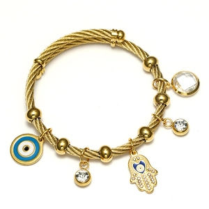 Gold stainless steel cable wire bracelet featuring Evil Eye and Hamsa Hand charms