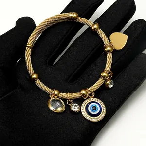 Evil Eye Bangle Bracelet Stainless Steel Zircon Heart Charm Adjustable Twisted Cable Wire Lucky Jewelry For Women