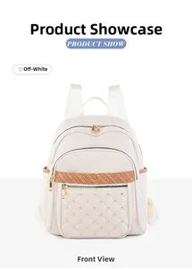 Detailed front view of off-white Oxford fabric backpack with quilted pockets and rivets