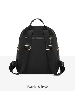 Rear view of black oxford fabric backpack with rose gold zippers and anti-theft pocket