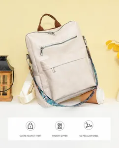 Detail of vintage beige backpack featuring colorful ethnic straps and dark brown handle