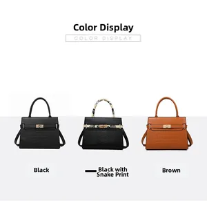 Three elegant tote bags shown in black, snake pattern, and brown with metallic clasps