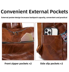 Close-up of vintage brown PU leather backpack showing side pocket with smartphone storage