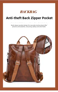 Brown leather backpack featuring a secure anti-theft back zipper pocket for your phone