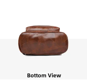 Detailed bottom view of brown vintage backpack featuring geometric stitching on faux leather