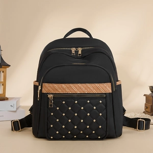 Women Fashion Rivet Quilted Backpack Nylon Oxford Water Repellent Travel Rucksack Gold Hardware Large Capacity Daily Bag
