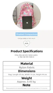 Pink nylon backpack detail showing 30x14x44cm dimensions compared to a tablet