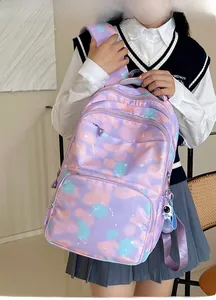 Detail of purple star pattern backpack with cute astronaut pendant and multi-layer zippers