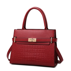 Classic deep red handbag with crocodile pattern splicing and golden metal lock