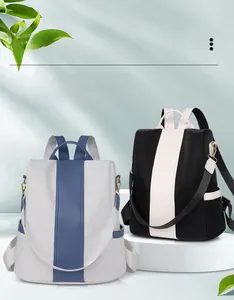Detail of multi-functional anti-theft backpack showing contrast colors and waterproof fabric