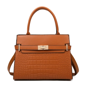 Caramel brown large capacity tote bag with crocodile pattern and golden buckle