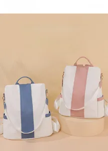 Detail view of large capacity faux leather backpacks with stylish contrast color trims