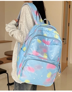 Detail of star constellation pattern and multi-pocket design on the nylon backpack