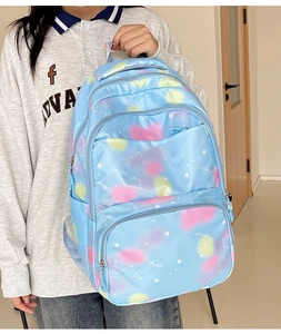 Detail of sky blue nylon backpack featuring dreamy stars and heart constellation prints