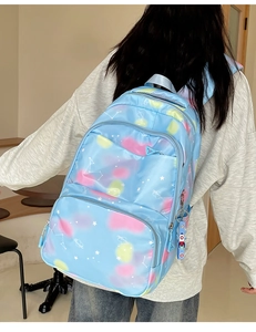Detail of light blue nylon backpack with galaxy print and rocket charm on model