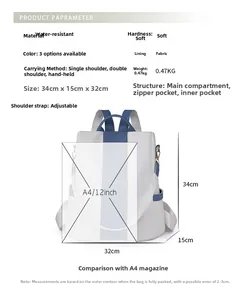 Detailed spec sheet of large capacity water-resistant backpack showing dimensions and features
