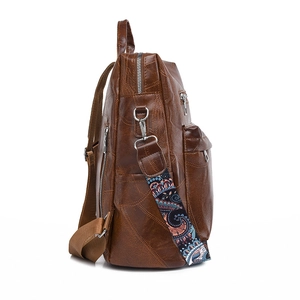Retro brown PU leather backpack for women with bohemian style colorful shoulder strap